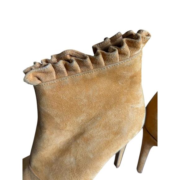 Mustard Suede Ruffle Trim Ankle Boots 4" Heel Size 36 Made in Lebanon - Picture 7 of 11